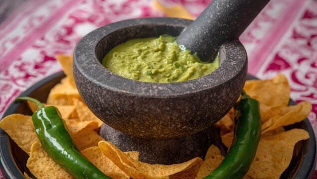 Genuine Mexican guacamole made in a volcanic stone mortar, served with nachos or totopos and three serrano peppers on a classic pink and white tablecloth.