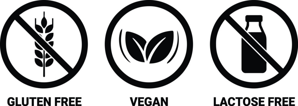 Set of Dietary Restriction Icons: Gluten Free, Vegan, and Lactose Free