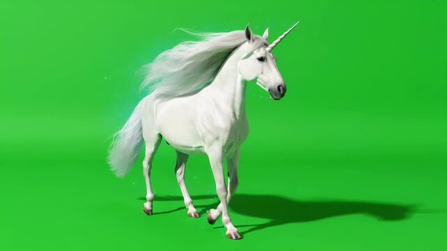 Majestic white unicorn with a flowing mane and tail, standing against a vibrant green screen background.