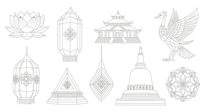 Asian Culture Icons: Lotus, Pagoda, Lanterns, Phoenix, Mandala Set