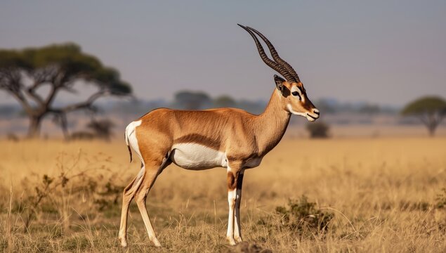 A stunning profile of an antelope highlights its smooth tan and white fur, notable horns, and elegant stance, reflecting the creature's grace and nimbleness.