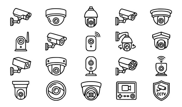 CCTV Camera Line Icons Set with Security Surveillance Outline Symbols