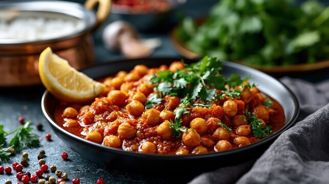 chana masala, indian chickpea curry with aromatic spices with vegetables