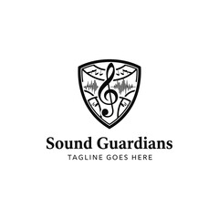 Fototapeta premium Shield emblem with music treble clef and sound waves for audio protection services.