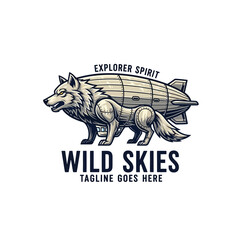 Steampunk mechanical wolf and airship logo for an adventure brand. © Pixel