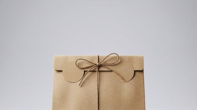 Brown paper gift bag mockup with twine bow and circular stickers on a plain light gray background