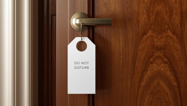 Blank door hanger mockup on knob. Unmarked flyer hanging from handle. Leaflet design. Do not disturb sign. Clear hotel room hanger.