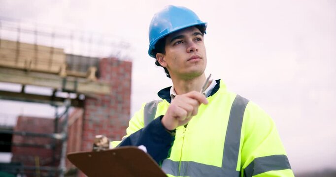 Man, inspection and planning on construction site with clipboard, quantity surveyor and finance report. Cost manager, person and building outdoor with checklist, review infrastructure and expenses
