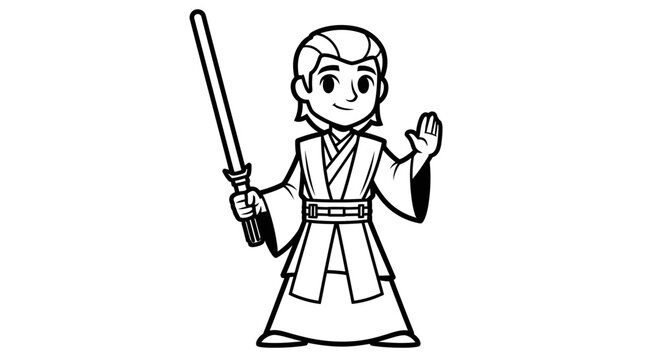 Cartoon Jedi Knight Holding Lightsaber, Waving Hand