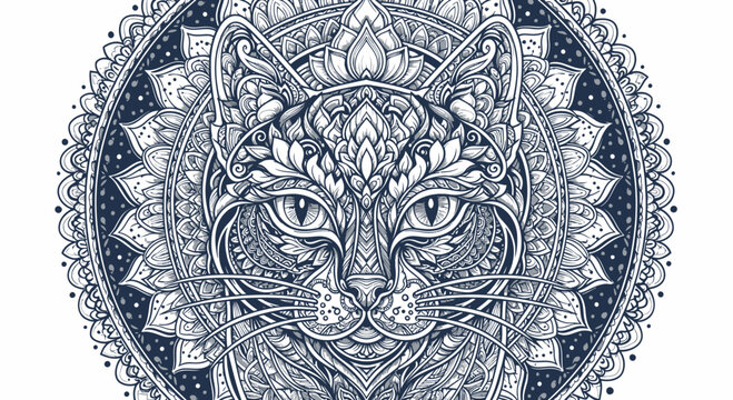 An intricately designed cat icon set in multiple poses within a black and white mandala circle