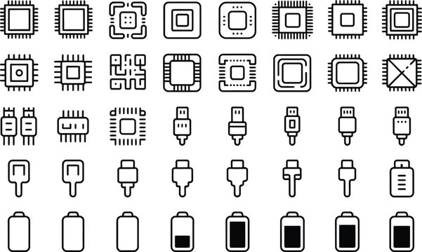 Electronic, component line icons, microchips resistors capacitors circuit symbols, hardware engineering semiconductor technology digital circuit design concept vector set