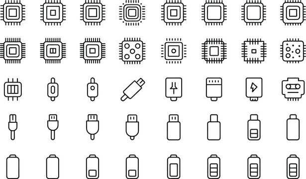 Electronic component, line icons, microchips resistors capacitors circuit symbols, semiconductor technology hardware engineering digital circuit design concept clean vector illustration
