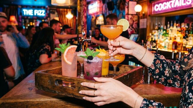 Woman's hands lifting a refreshing cocktail from a wooden serving tray filled with various colorful alcoholic drinks in a busy lounge bar