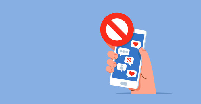 Social media ban concept illustration with hand holding smartphone displaying prohibition symbol and communication icons