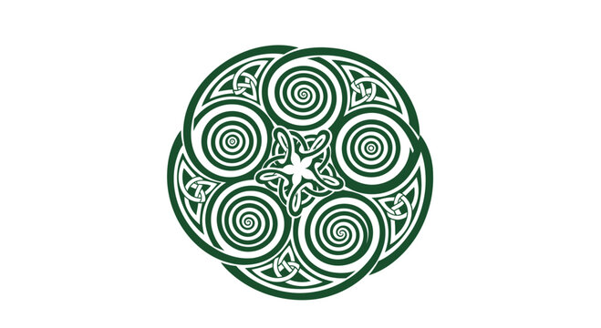 Celtic-style green spiral design on white background