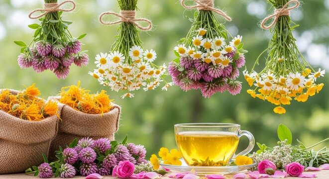 An evocative image of an outdoor tea ritual featuring a glass cup of glowing yellow tea surrounded by fresh picked herbs and flowers