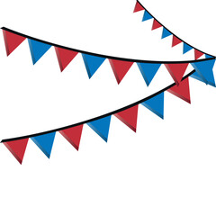 Obraz premium Patriotic red and blue triangle bunting garlands; symmetrical party pennant banner strings decoration template for 4th of July celebration event poster