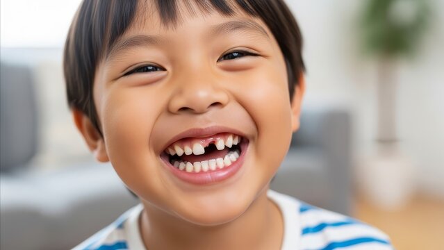 Childhood - Happy Asian Boy Smiling with Missing Front Tooth Showing Natural Gap in Primary Teeth