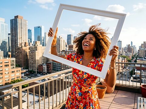 Joyful woman framing a city view with a white frame on a rooftop with skyscrapers in the background
