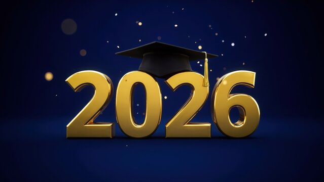 Gold 3d year two thousand twenty six text with graduation cap against dark blue sparkling backdrop.
