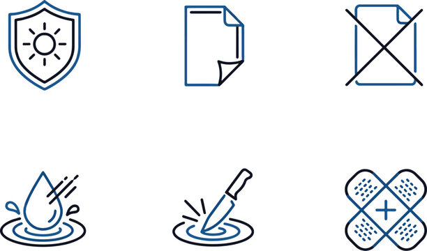 Sun protection documentation delete paper waterproof material scratch resistant surface and medical first aid bandage icon set vector illustration