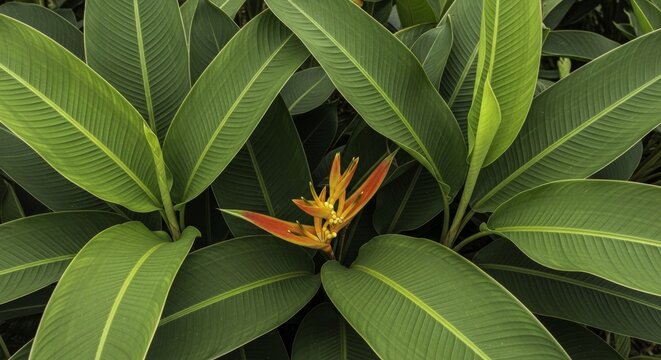 Parrot beak heliconia flower surrounded by large green lanceolate leaves in a dense tropical forest