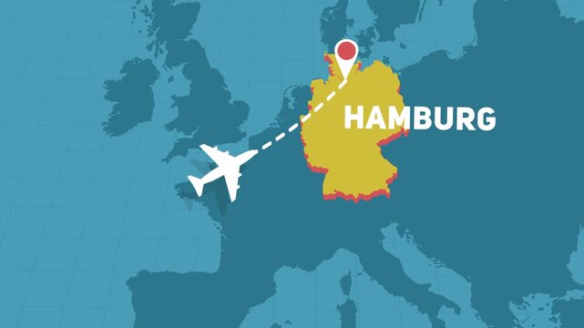 airplane flight air trip to Hamburg in Germany over map of Europe motion graphics animation