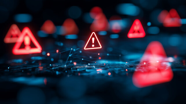 Digital phishing alert symbols on dark cyber network, realistic cybersecurity background with red warning icons, blue data glow, shallow focus, email fraud prevention, malware dete