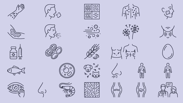 Medical allergy symptoms and common food allergens line icons set for healthcare diagnosis and hypersensitivity treatment vector illustration