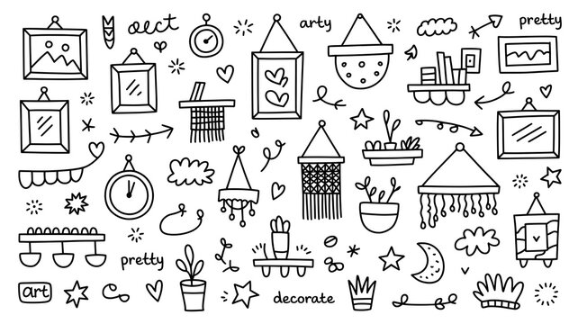 Decorative wall art doodle collection with frames hanging plants and shelf decor.