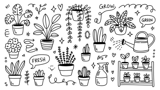 Indoor gardening doodle set with potted plants watering can and plant stand art.