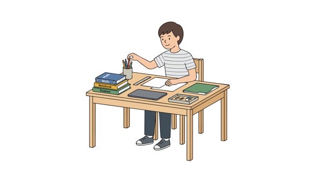 Minimalist 2d flat illustration style student organizing school desk, bacl to school