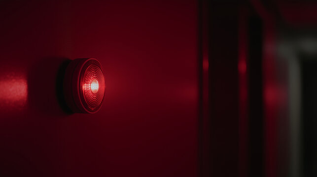 Minimal close-up of a red emergency alarm light glowing on a dark interior wall, intense low-key lighting, small warning beacon partly hidden in shadow, red illumination fading acr