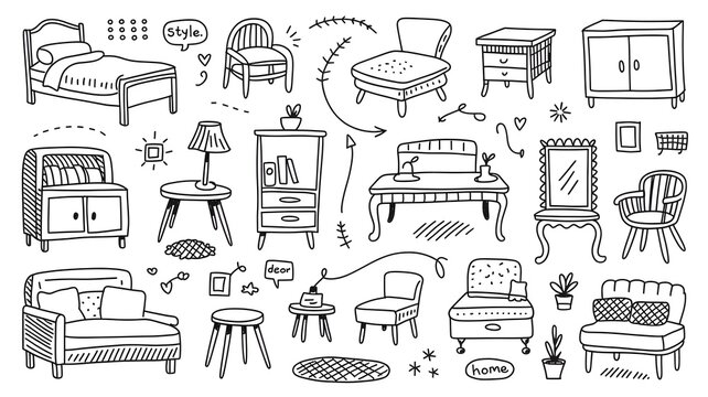 Furniture doodle set, interior design elements, home decoration collection.