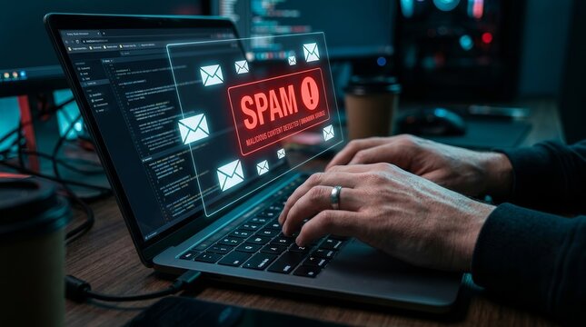 Concept of cyber security threat featuring a laptop screen with spam envelopes and malware warnings.