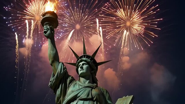 4th of July, celebration with statue of liberty and colorful fireworks in the evening sky