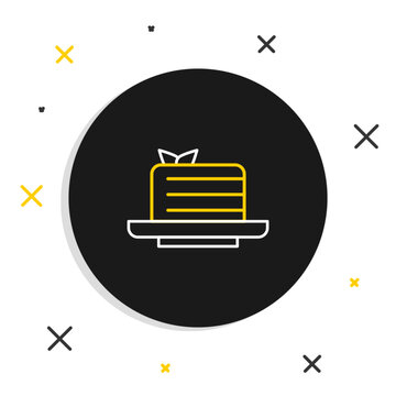 Line Medovik icon isolated on white background. Honey layered cake or russian cake Medovik on plate. Colorful outline concept. Vector