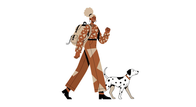 Woman walking her dalmatian dog outdoors in style.