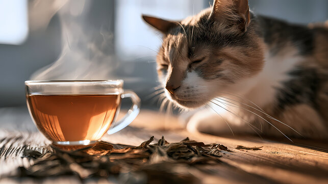 Domestic cat smelling hot drink steam