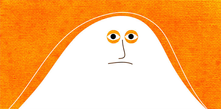 Minimalist sad ghost character on vibrant orange textured background