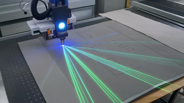  Precision cutting tool projecting blue light and green lines for industrial manufacturing marketing