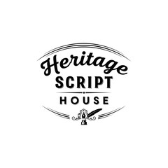 Obraz premium Vintage black and white logo for Heritage Script House with quill and inkwell icon