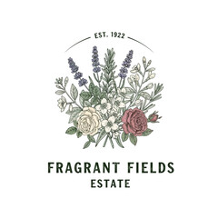 Fototapeta premium Vintage botanical logo for Fragrant Fields Estate featuring hand drawn roses lavender and herbs on white background