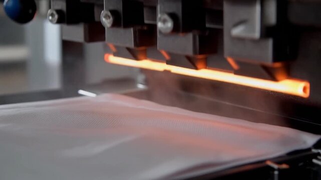 Industrial Hot Wire Cutting Head Glowing Orange on White Fabric for Tech Advertising Use
