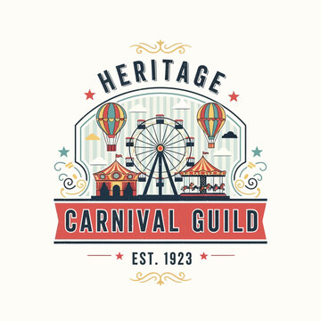 Vintage carnival guild logo with ferris wheel hot air balloons and carousels illustration.