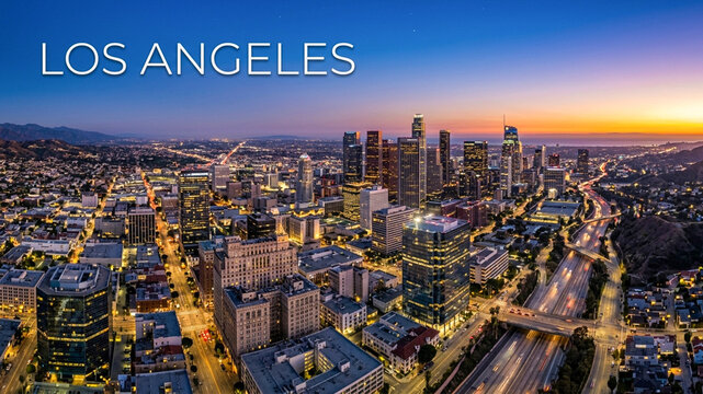 Mesmerizing aerial view of Los Angeles at dusk, featuring a stunning transition of sky colors over the prominent skyscrapers and active freeway intersections
