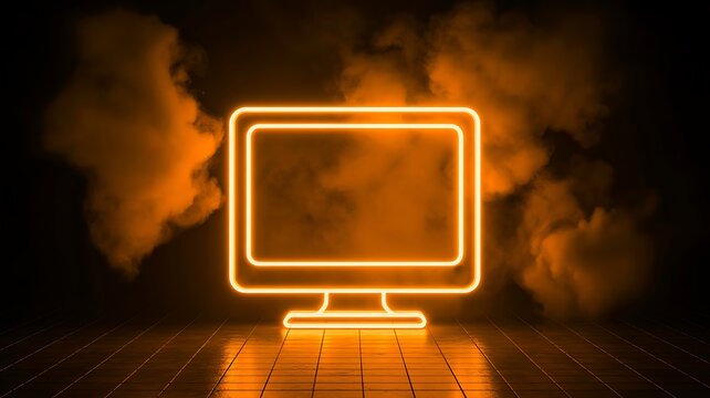 Glowing neon computer monitor with smoke and futuristic technology background