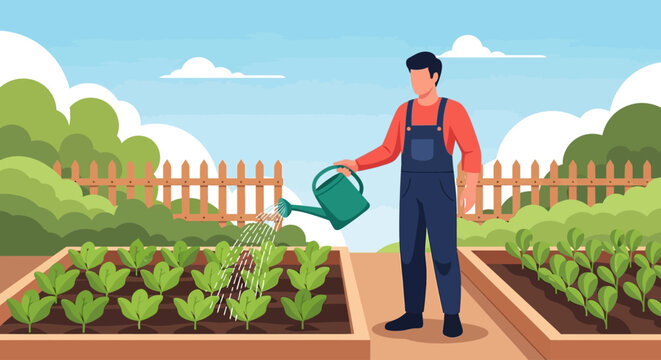 Flat vector illustration of a man in blue overalls and a red shirt watering young green vegetable plants in a raised wooden garden bed with a green watering can on a sunny day.