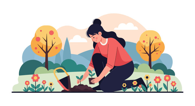 Flat vector illustration of a woman kneeling and planting seedlings in a garden bed with blooming flowers, autumn trees, and rolling hills under a soft sky background.