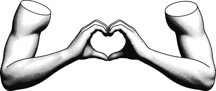 Two strong muscular male arms reaching out together to form a beautiful classic heart shape symbol outline vector illustration